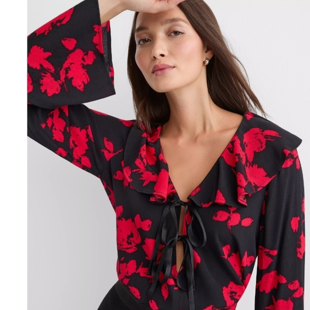 LOFT Black and Red Floral Blouse Size M
